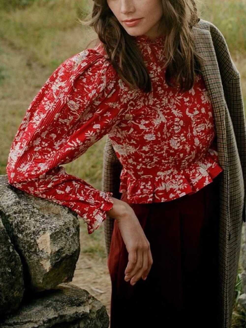 Dôen Heloise High Neck Ruffled Blouse in Oak Bluffs Floral